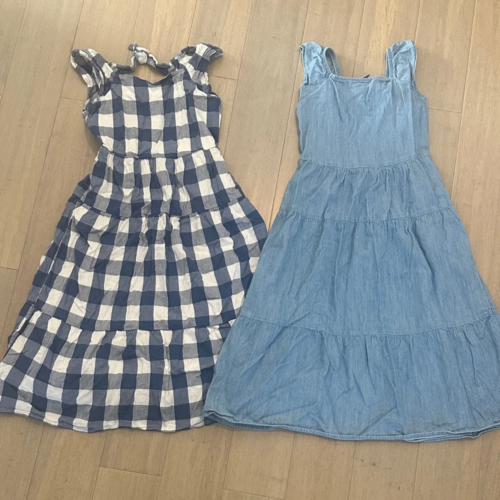 Set of Old Navy Girls' Blue Gingham & Chambray Tiered Maxi Dresses